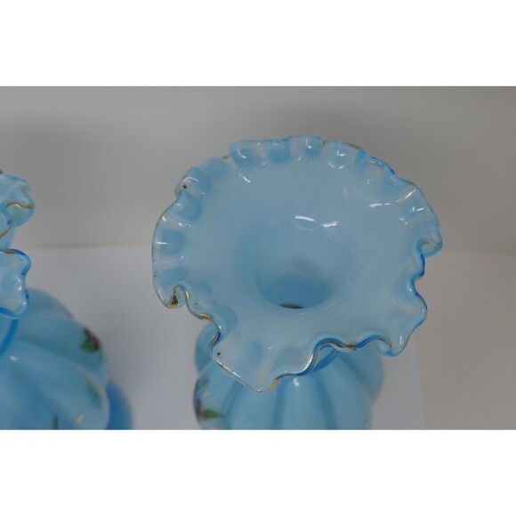 Fenton Melon Hand Painted Floral Blue Glass Vases Gold Trim - Picture 10 of 13